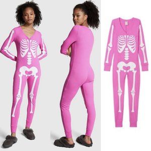 PINK Victoria Secret Thermal Sleep Onesie MEDIUM Pink White Skeleton Pajama NWT